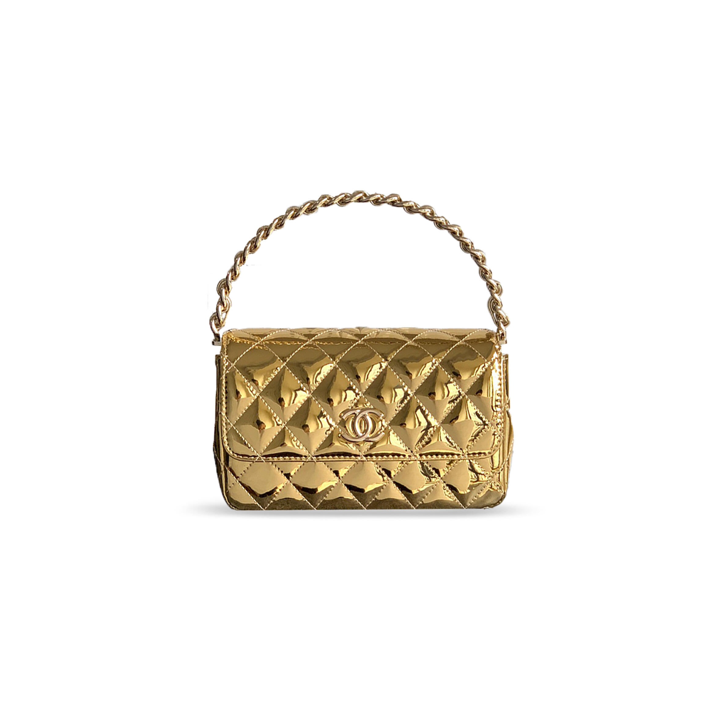 Ch*el handle flap bag patent calfskin & gold metal gold 496588 (18.5*10.5*8cm)